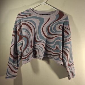 Originatlity Women's Cropped Crew Neck Swirl Pattern Long Sleeve Sweater Size M